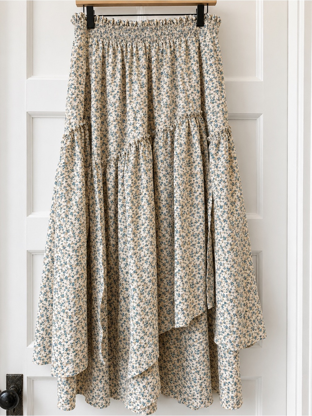 Smocked Waist High-Low Floral Maxi Skirt in Beige and Blue - Picture 2 of 6